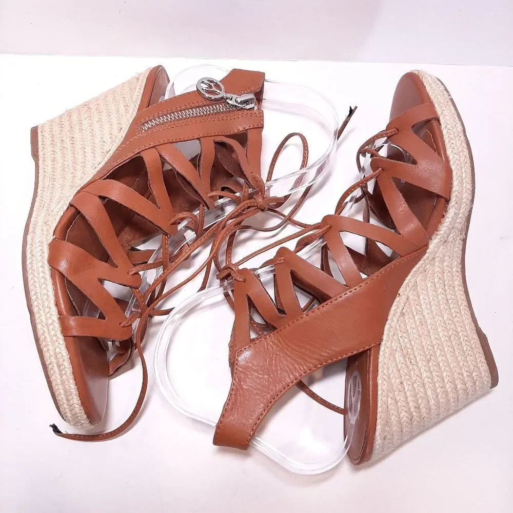 Wishbone Faux Leather Strappy Lace Up Espadrille Wedge Sandals Heels Shoes 7
